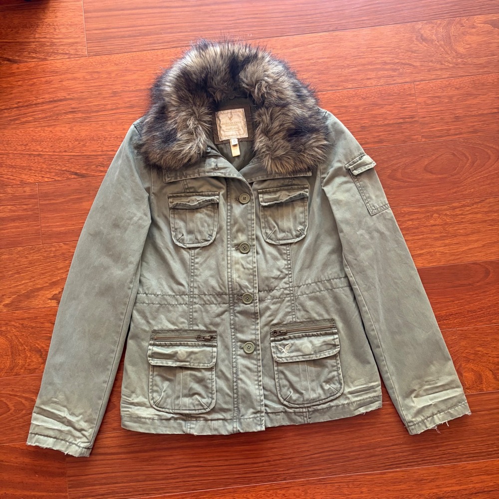 American Eagle Womens Medium Olive Green Military Field Jacket Faux Fur Coat